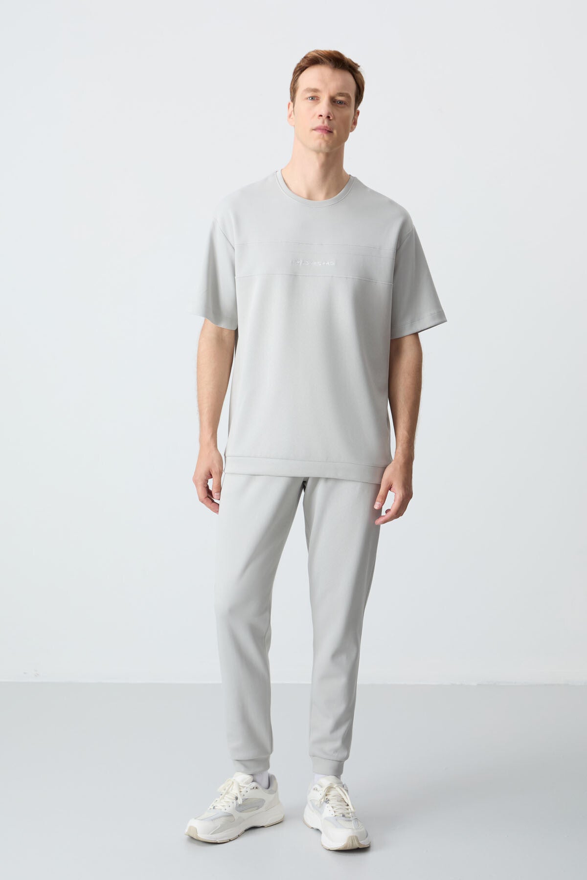 Taş Pamuklu Kalın Yumuşak Dokulu Oversize Fit Basic Erkek Eşofman Takım - 85261 - Taş/taş