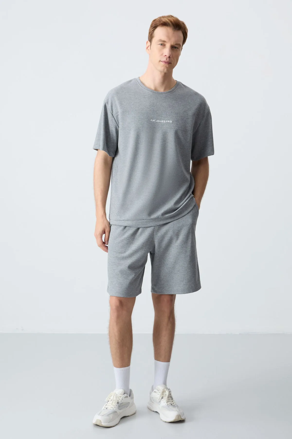 Gri Melanj Pamuklu Kalın Yumuşak Dokulu Oversize Fit Basic Erkek Şort Takım - 85257 - Gb melanj/gb melanj – Gb Melanj, S