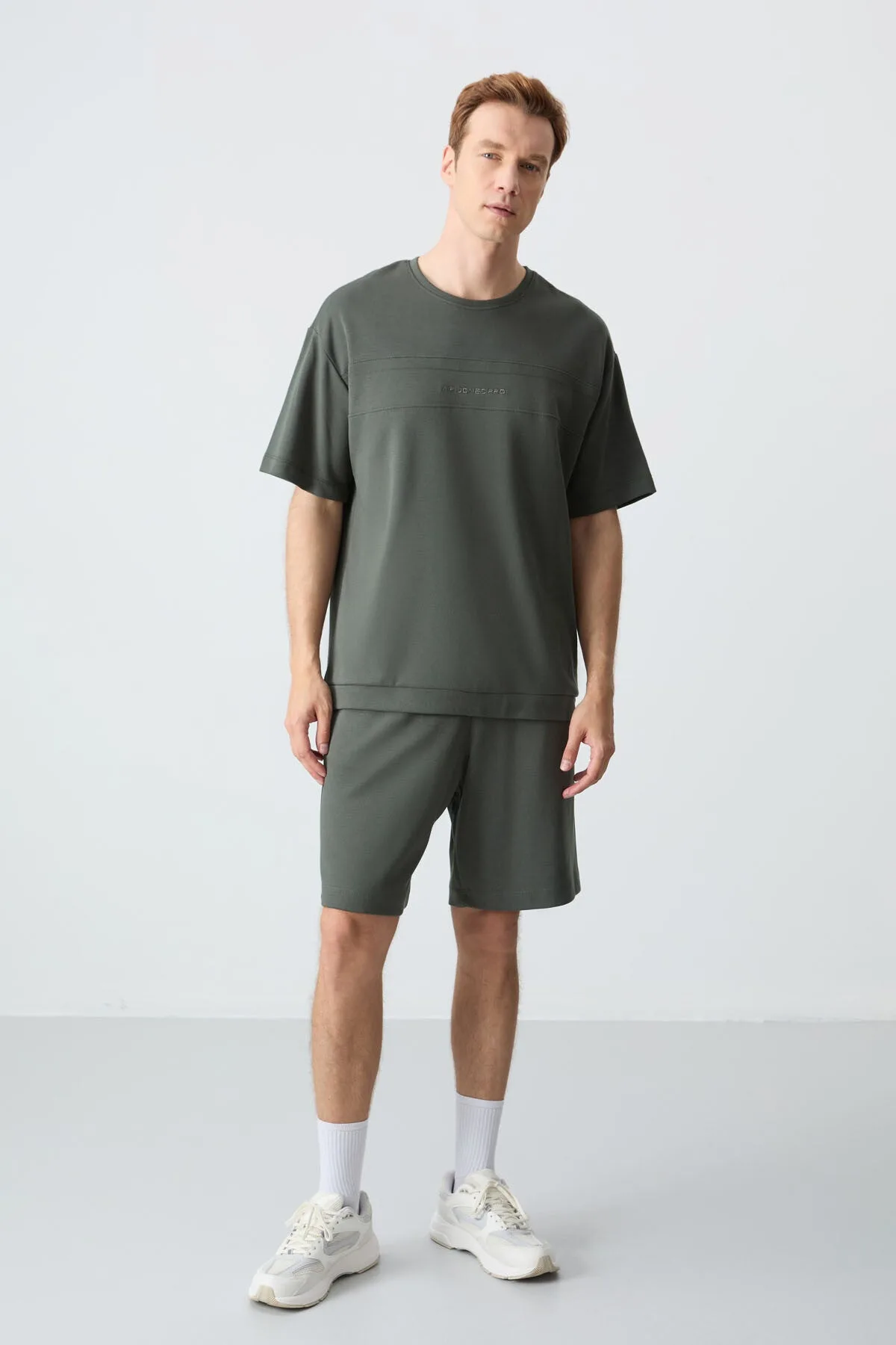 Haki Pamuklu Kalın Yumuşak Dokulu Oversize Fit Basic Erkek Şort Takım - 85257 - Haki/haki – Haki, S
