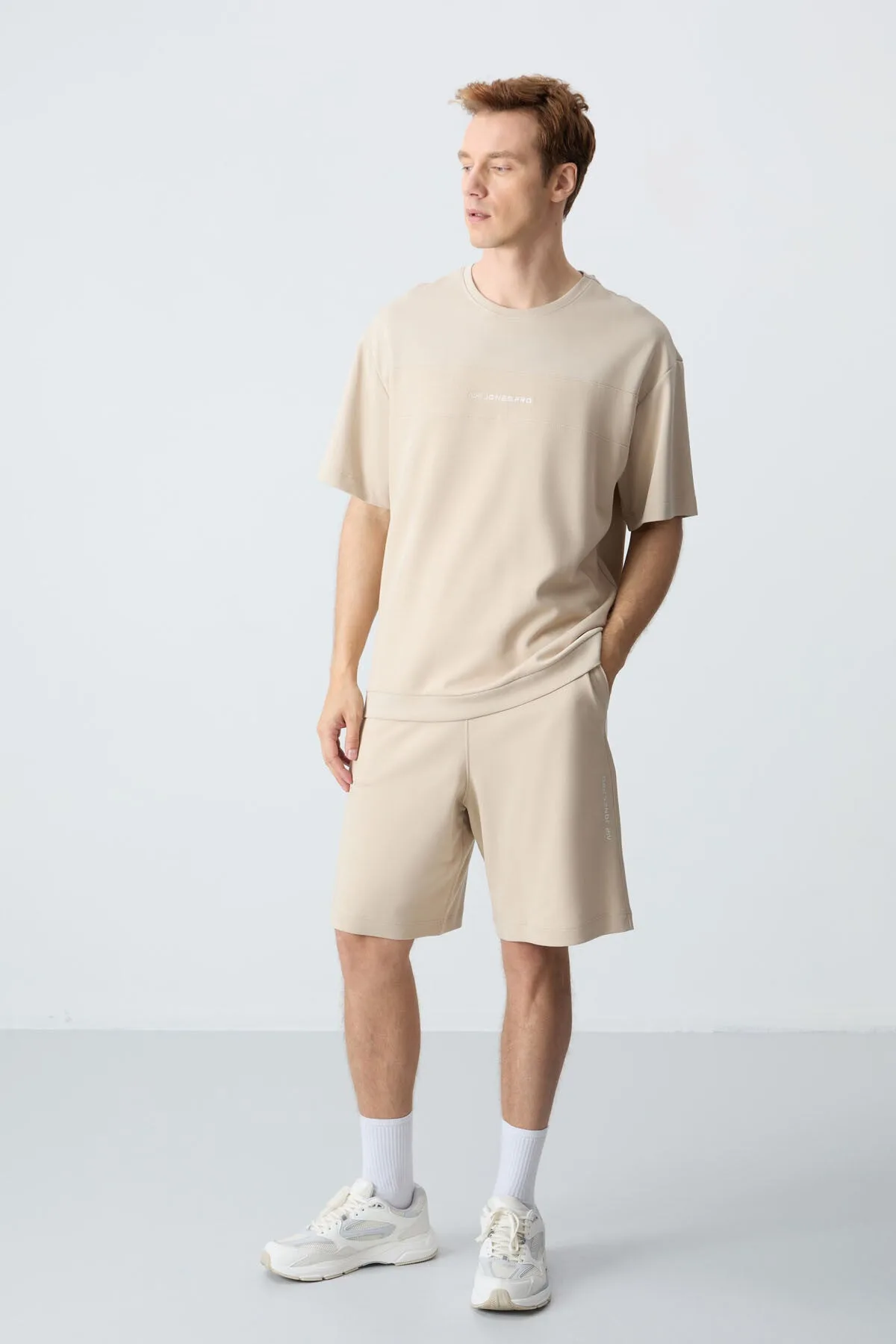Bej Pamuklu Kalın Yumuşak Dokulu Comfort Fit Basic Erkek Şort Takım - 85257 - Bej/bej – Bej, S