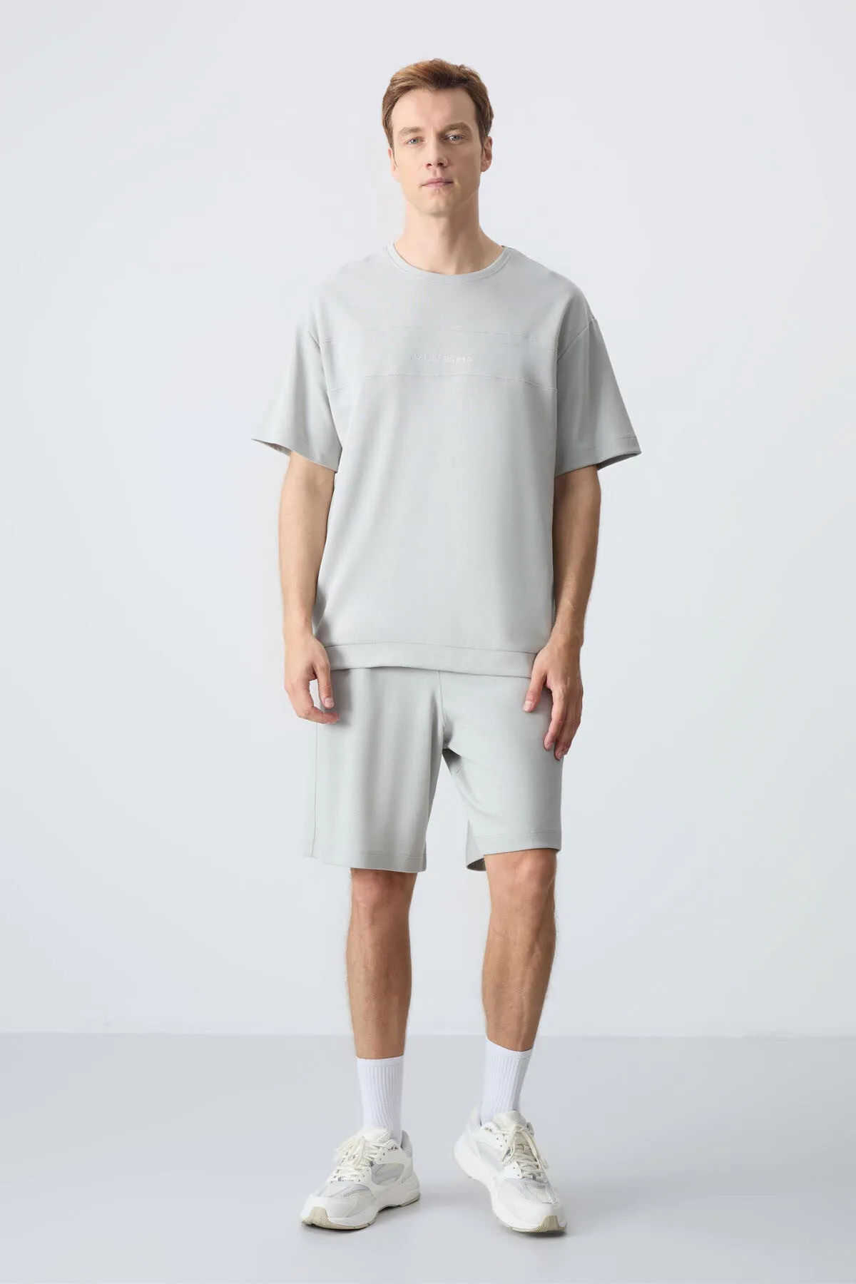 Taş Pamuklu Kalın Yumuşak Dokulu Oversize Fit Basic Erkek Şort Takım - 85257 - Taş/taş – Taş, S