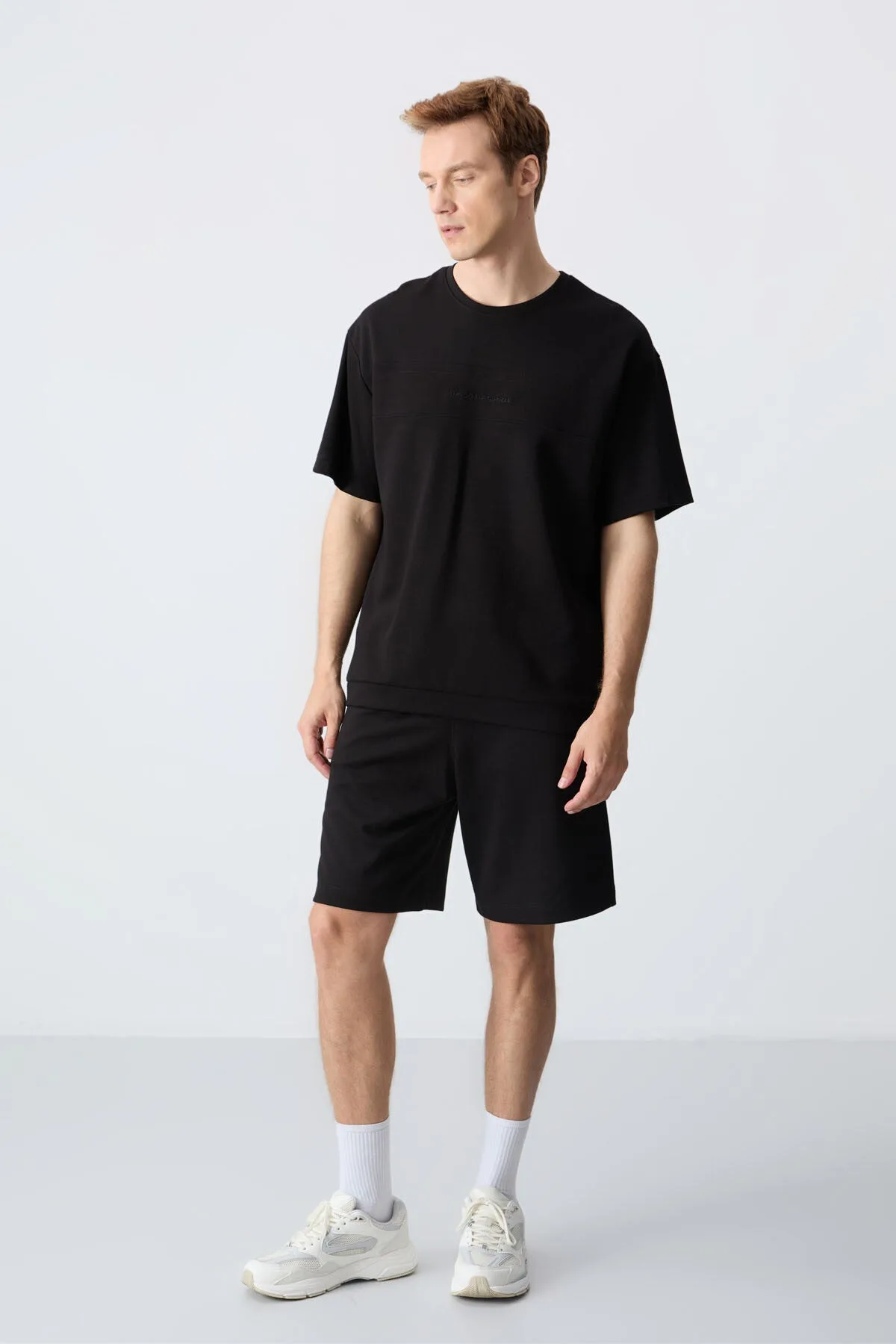 Siyah Pamuklu Kalın Yumuşak Dokulu Oversize Fit Basic Erkek Şort Takım - 85257 - Siyah/siyah – Siyah, S