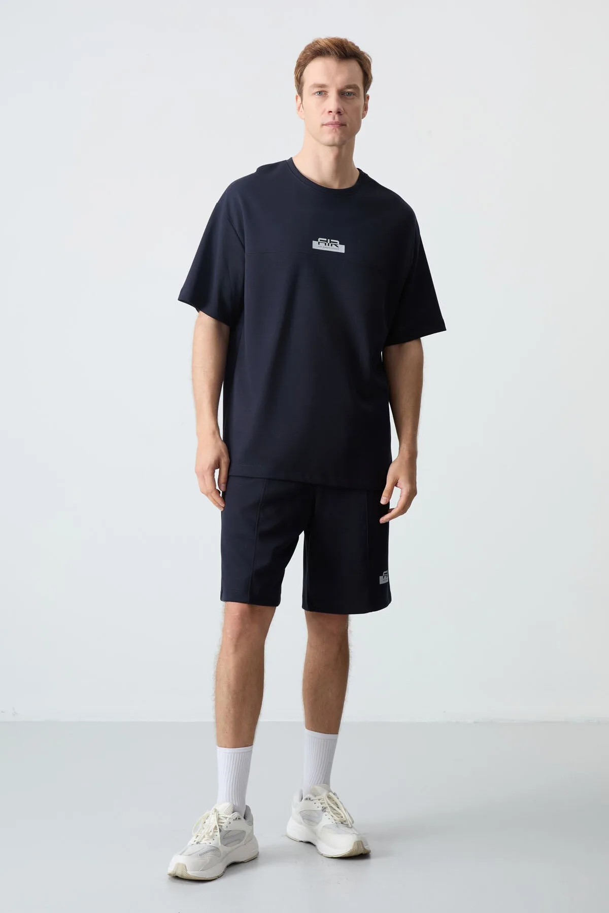Lacivert Pamuklu Kalın Yumuşak Dokulu Oversize Fit Basic Erkek Şort Takım - 85259 - Laci/laci – Laci, S