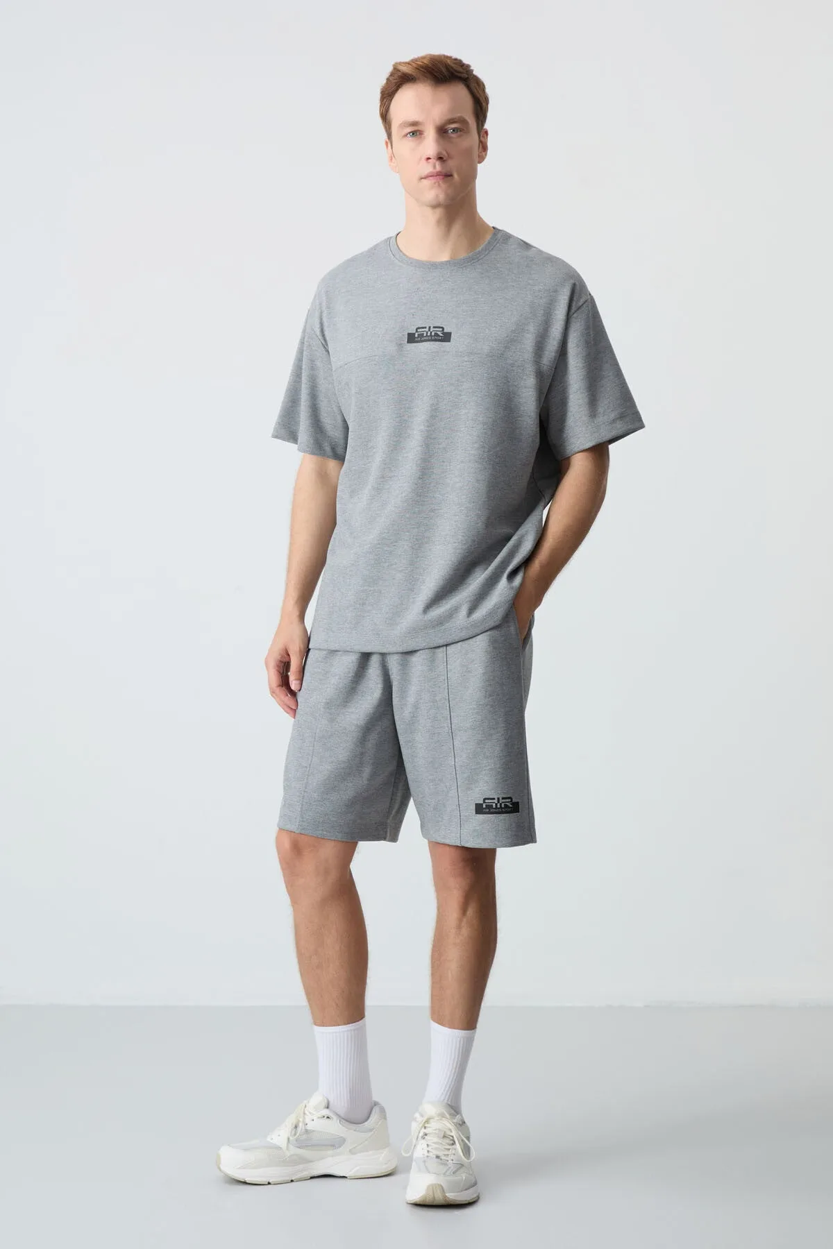 Gri Melanj Pamuklu Kalın Yumuşak Dokulu Oversize Fit Basic Erkek Şort Takım - 85259 - Gb melanj/gb melanj – Gb Melanj, S