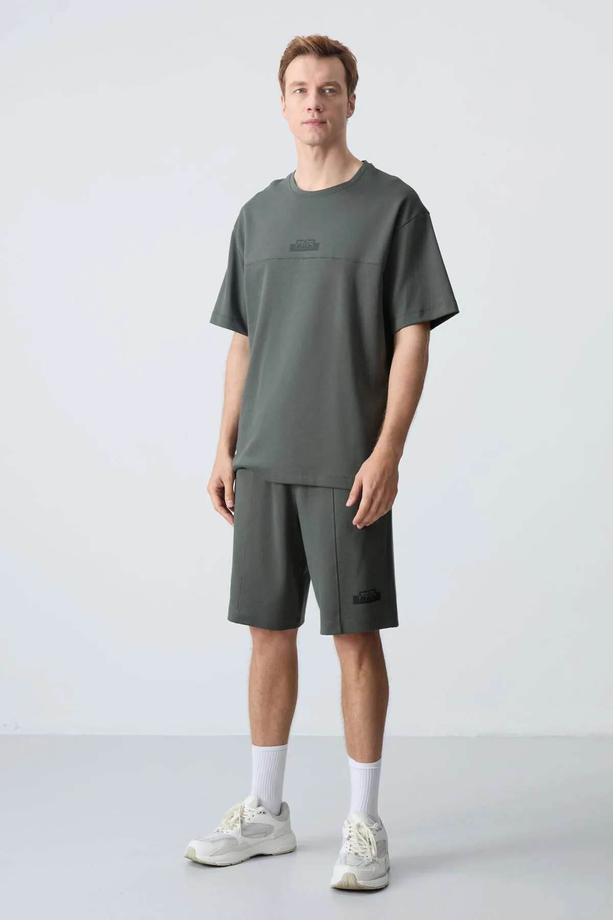 Haki Pamuklu Kalın Yumuşak Dokulu Oversize Fit Basic Erkek Şort Takım - 85259 - Haki/haki – Haki, S