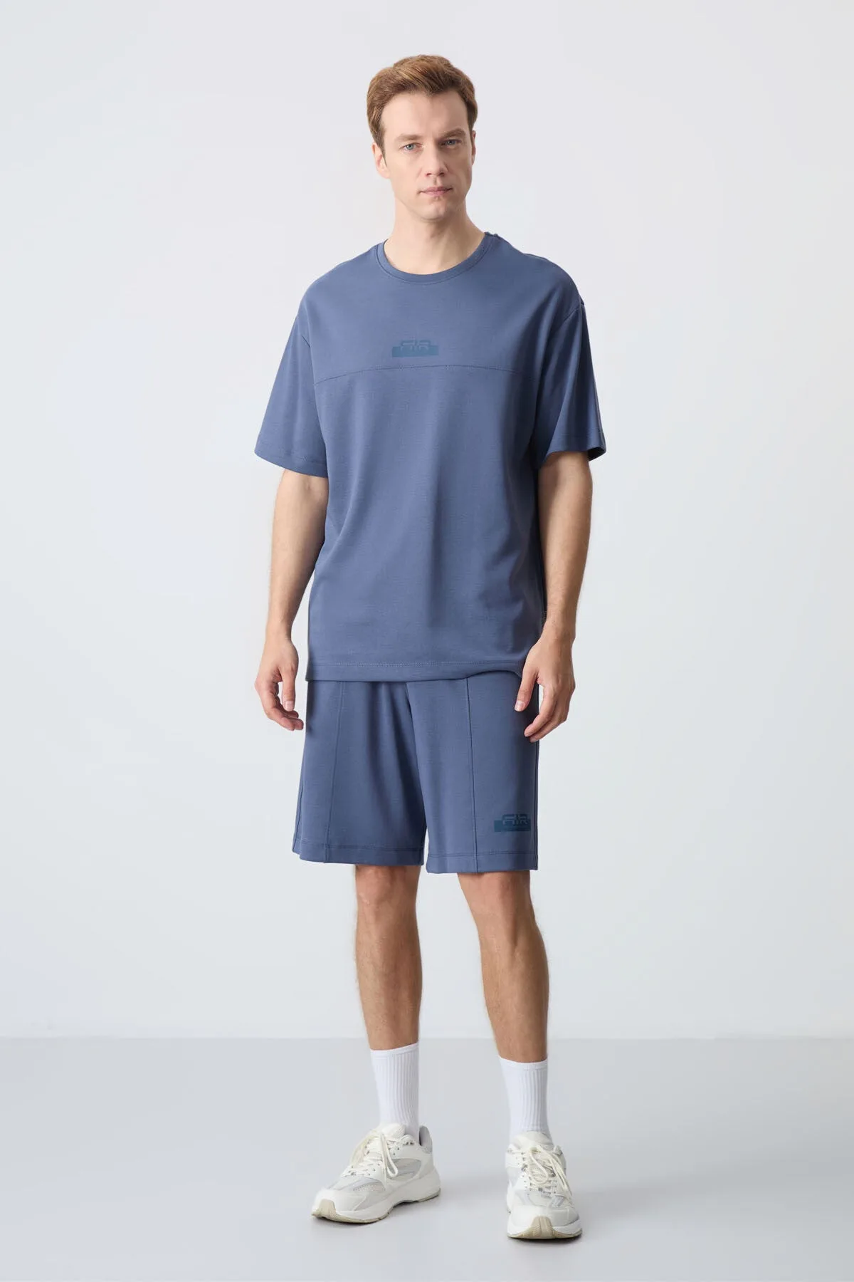 Petrol Pamuklu Kalın Yumuşak Dokulu Oversize Fit Basic Erkek Şort Takım - 85259 - Petrol/petrol – Petrol, S