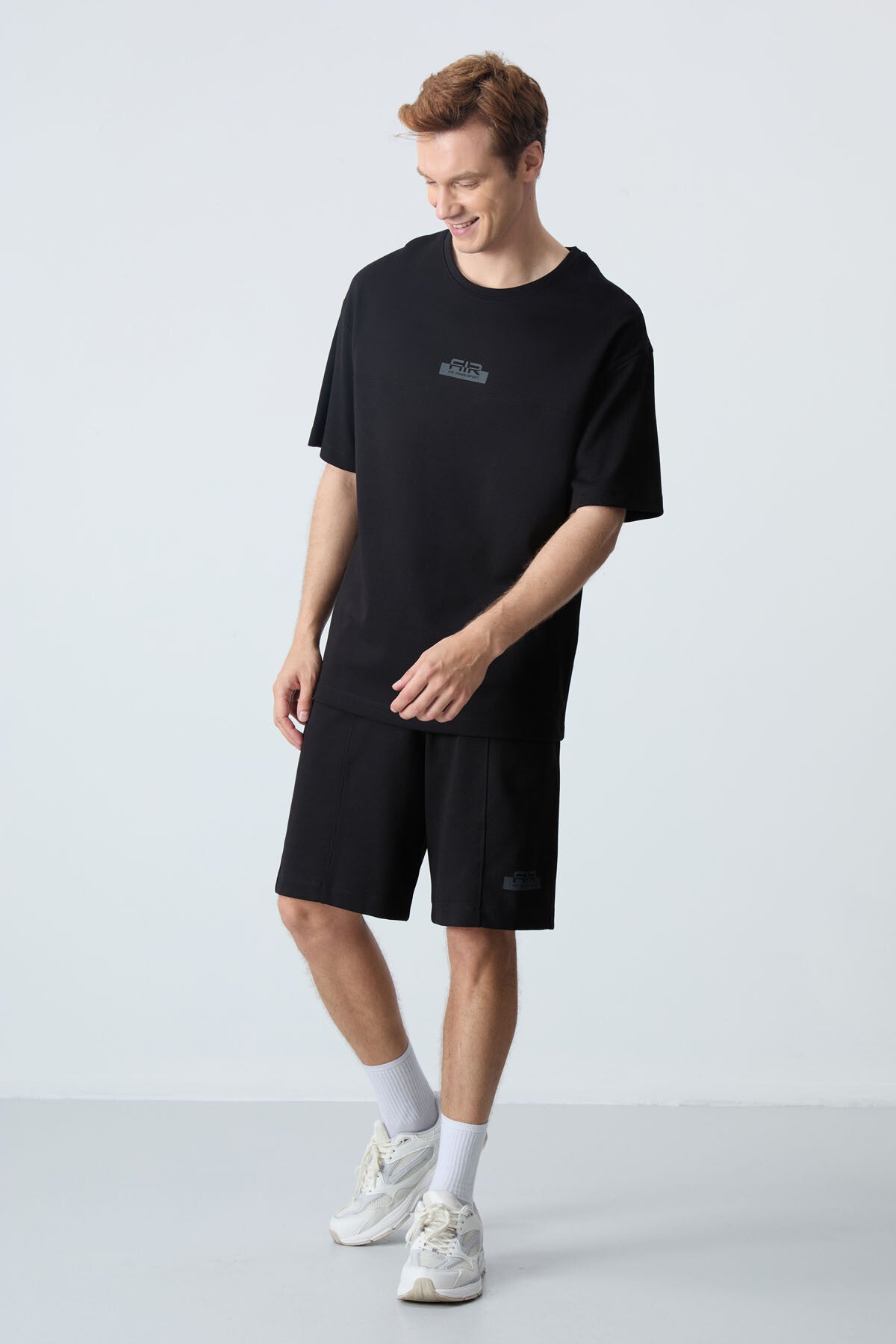 Siyah Pamuklu Kalın Yumuşak Dokulu Oversize Fit Basic Erkek Şort Takım - 85259 - Siyah/siyah