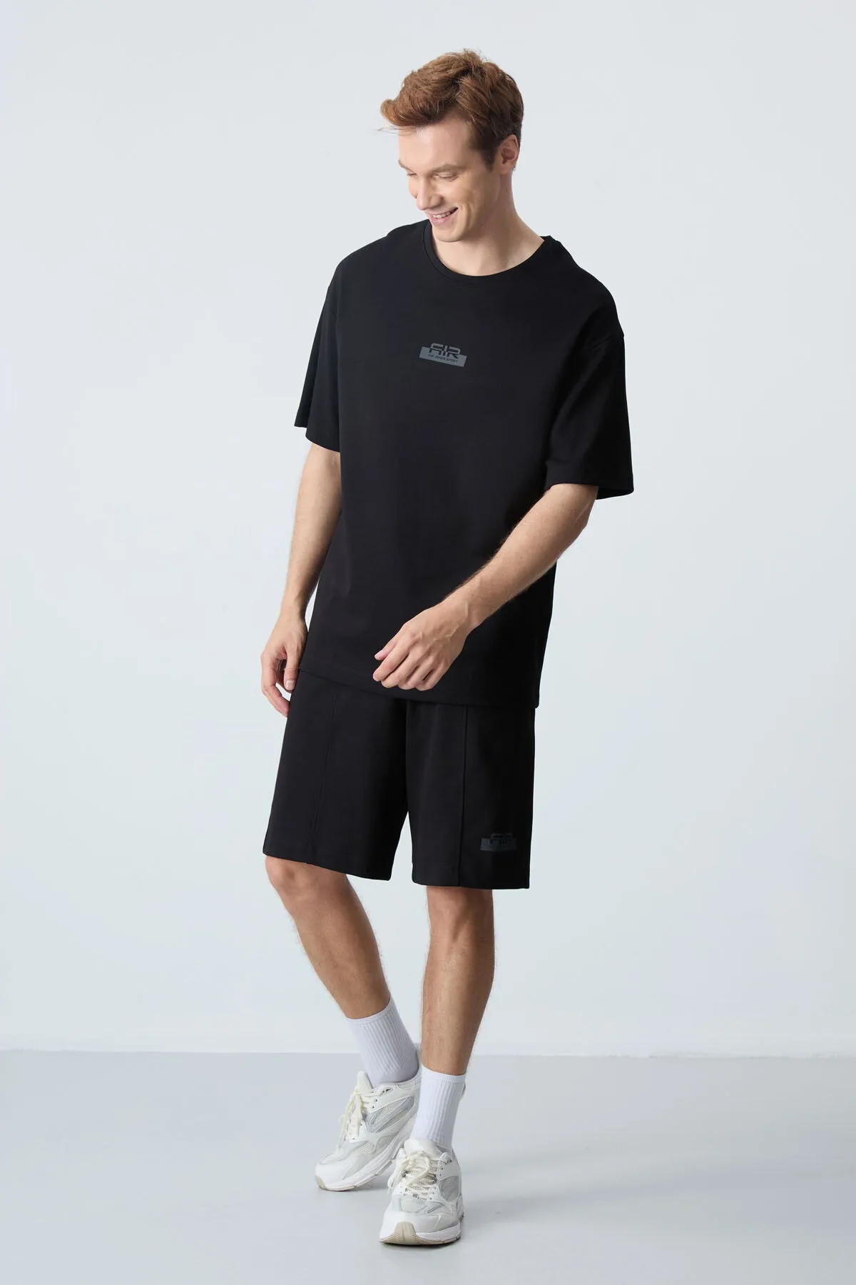 Siyah Pamuklu Kalın Yumuşak Dokulu Oversize Fit Basic Erkek Şort Takım - 85259 - Siyah/siyah – Siyah, S