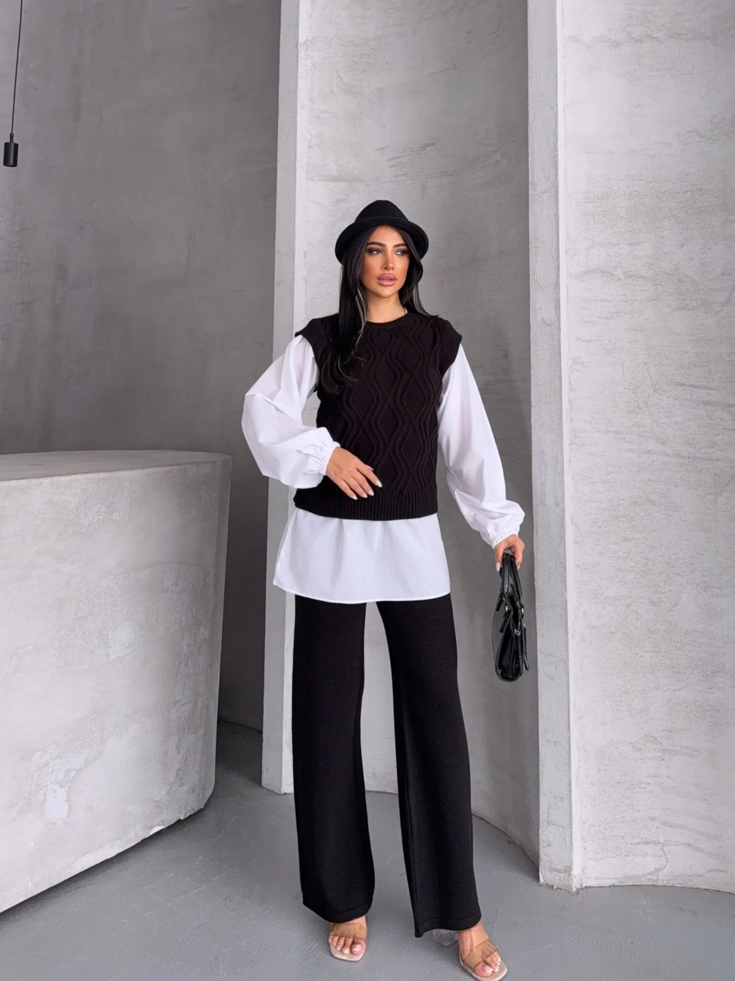 Gömlek Detay Triko Takım 1561 - Siyah – Siyah, S-M