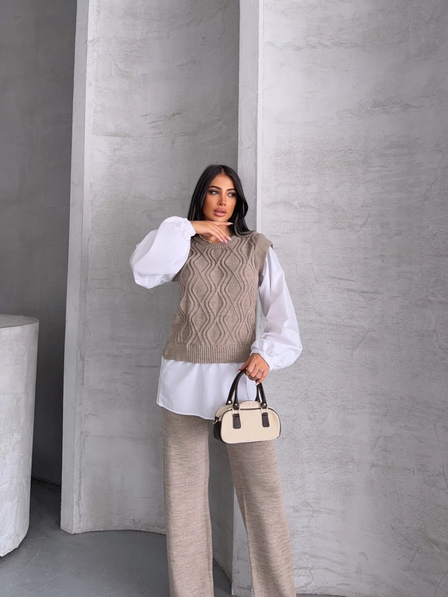 Gömlek Detay Triko Takım 1561 - Vizon – Vizon, S-M
