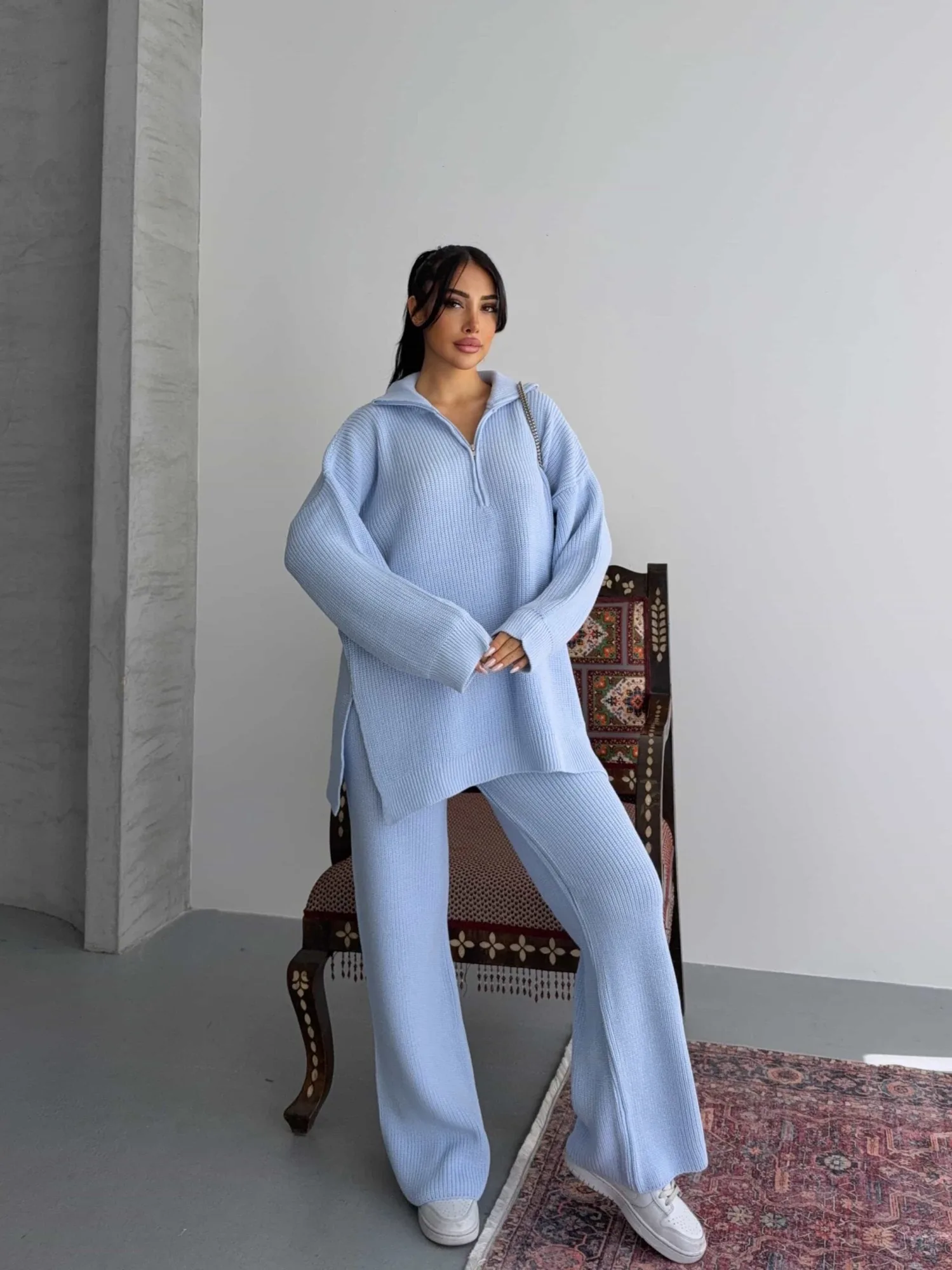 Fermuarlı Triko Takım 1556 - Mavi – Mavi, S-M