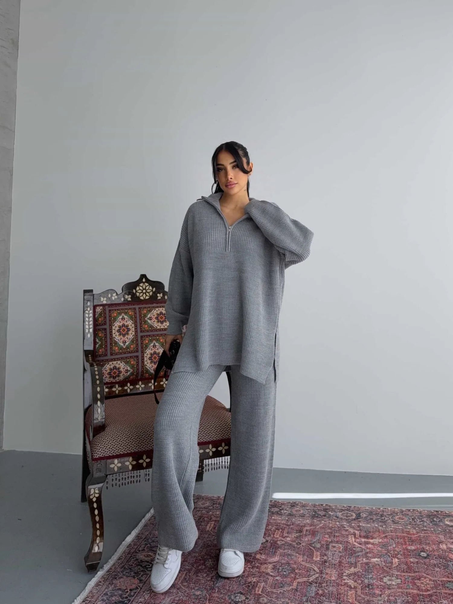 Fermuarlı Triko Takım 1556 - Gri – Gri, S-M