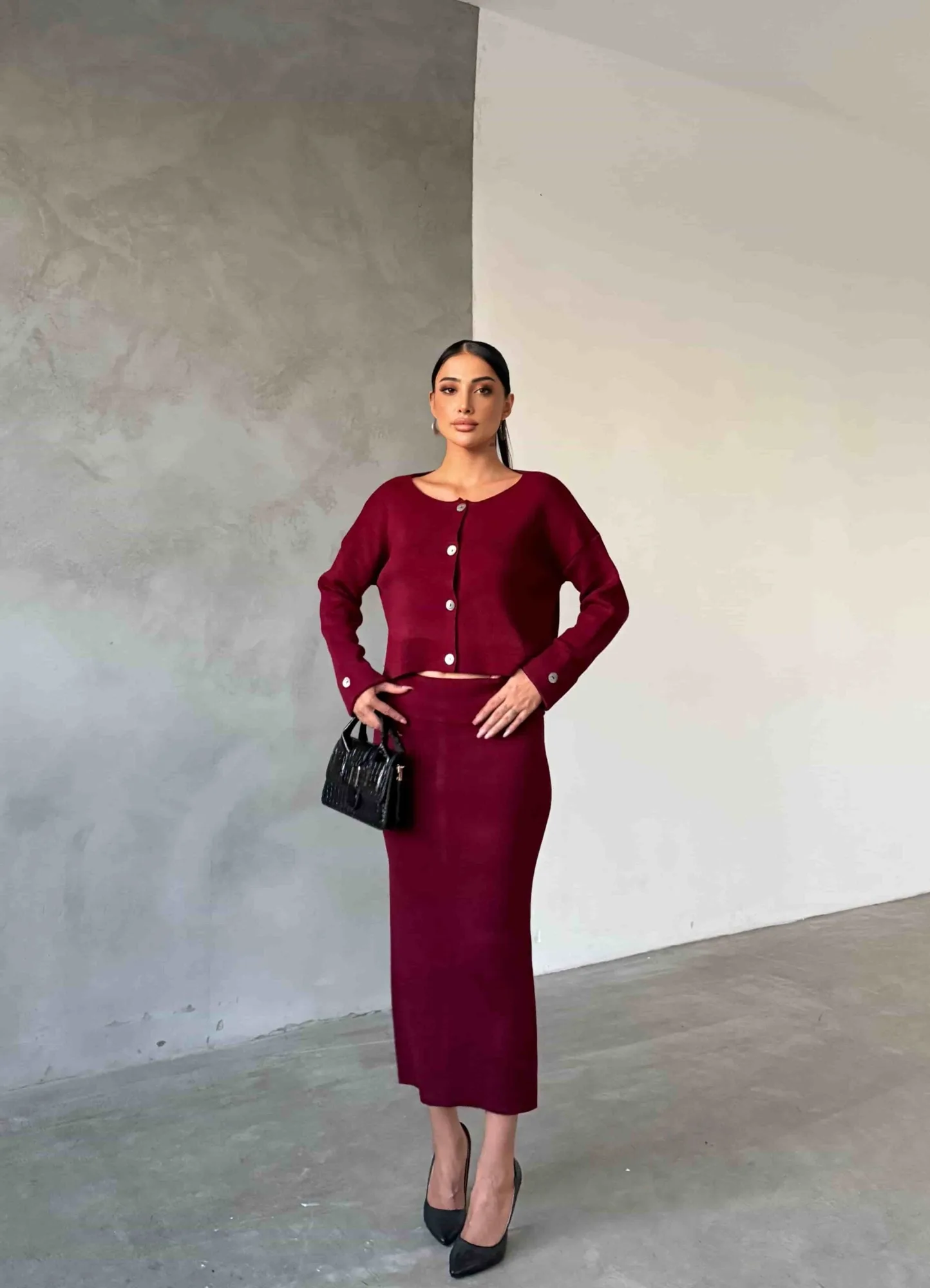 Etek Ceket Triko Takım 1516 - Bordo – Bordo, S