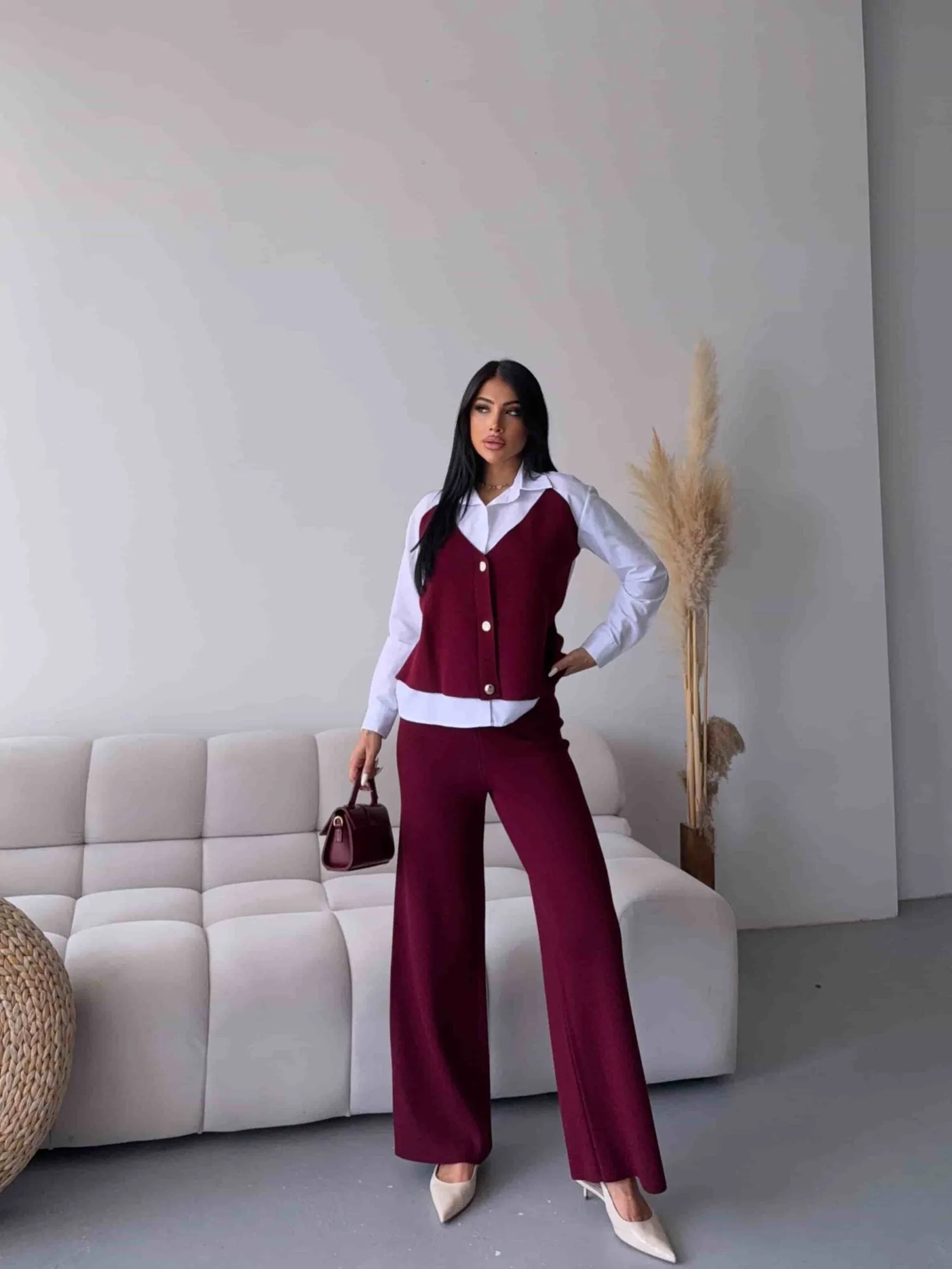 Süveter Detay Triko Takım 1514 - Bordo – Bordo, S