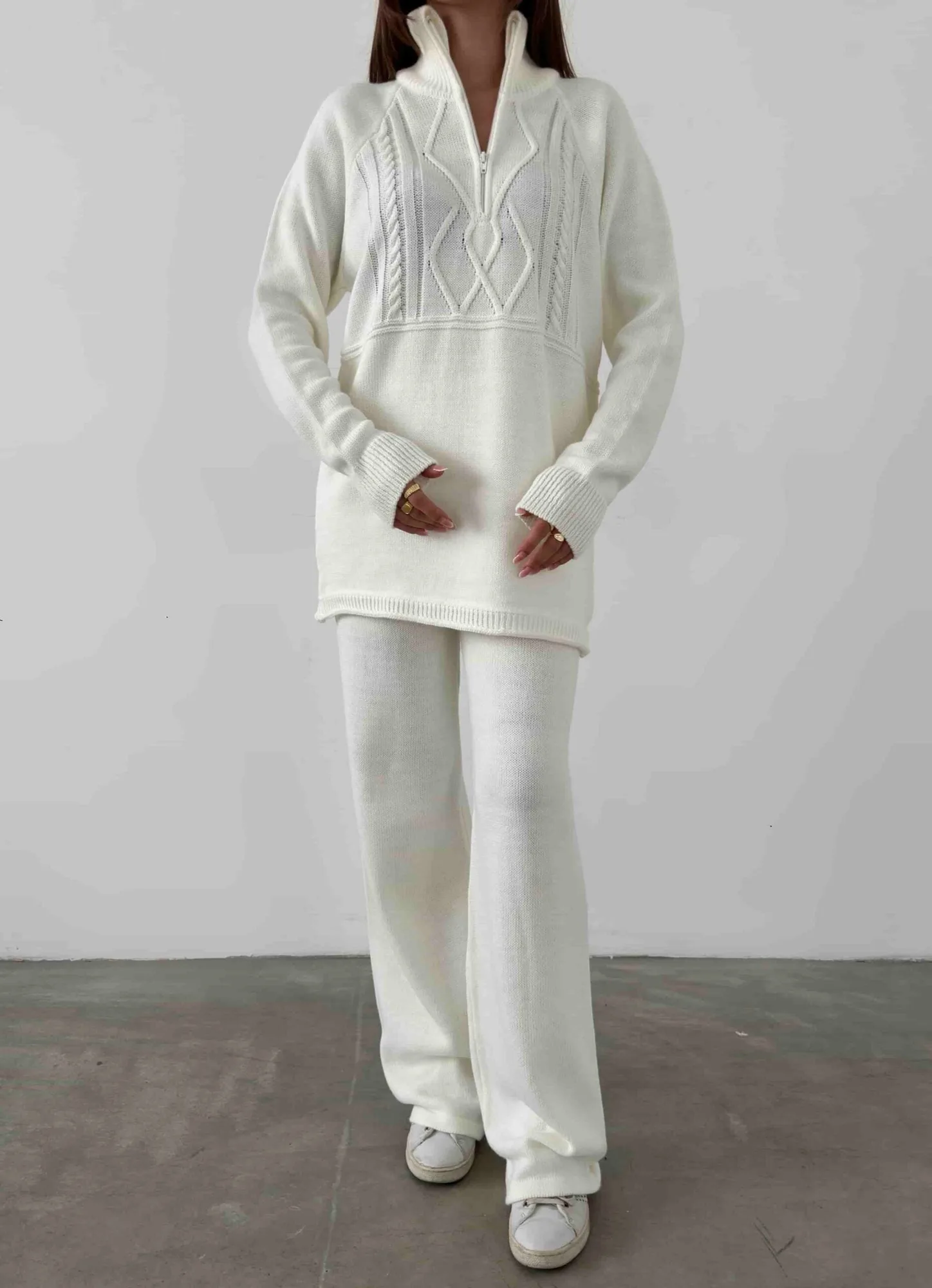 Polo Yaka Fermuarlı Triko Takım 1511 - Kemik – Kemik, S