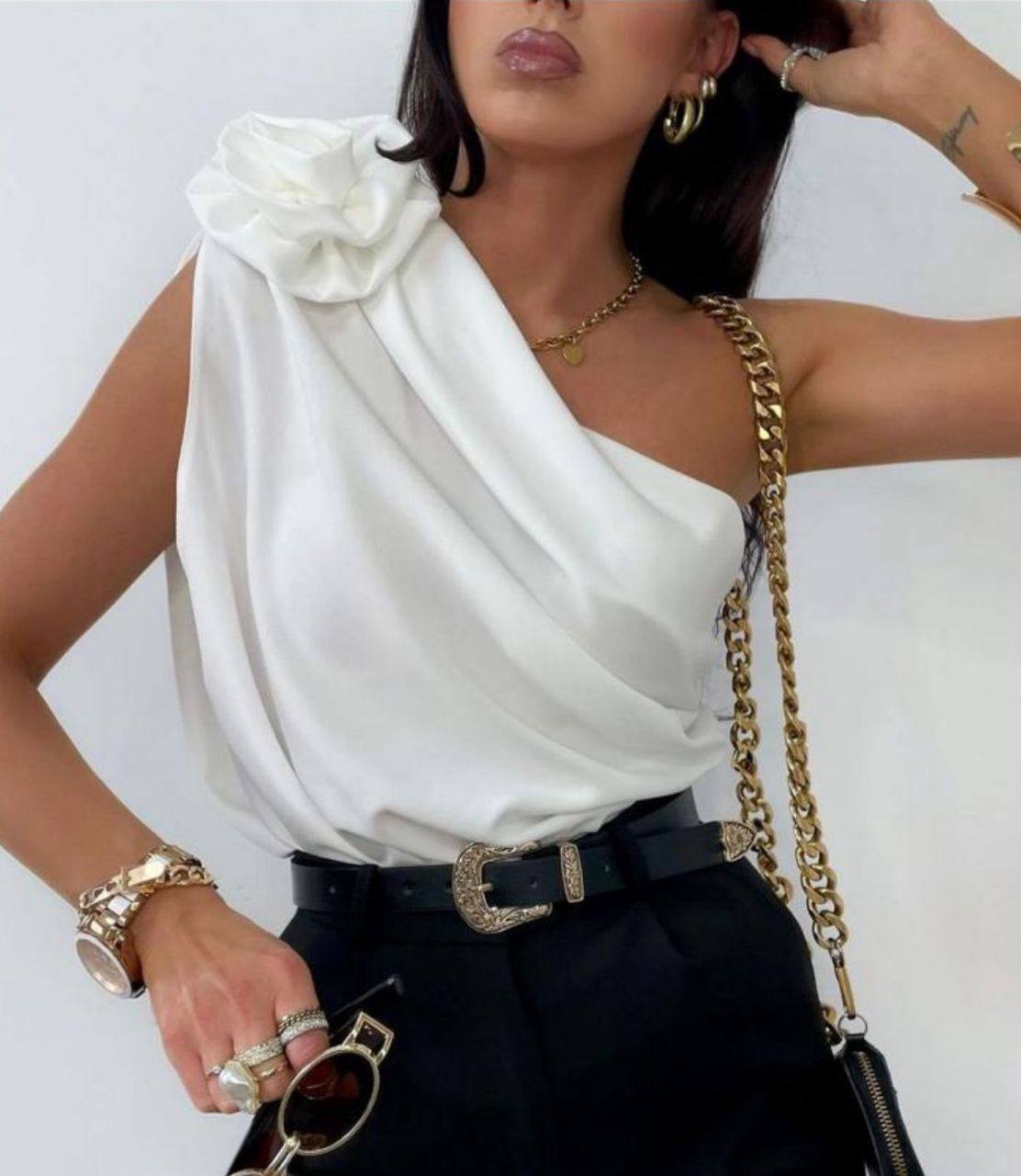 Gül Detay Bluz - 1S 2M 2L 1XL , Beyaz