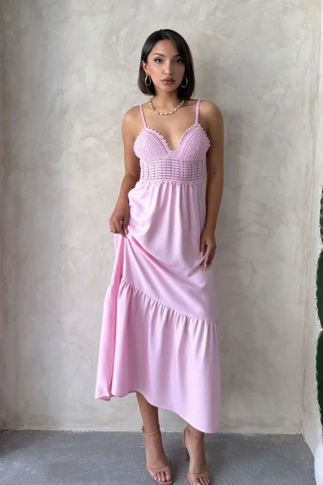 Keten Askılı V Yaka Boydan Elbise - PEMBE – Pembe, S