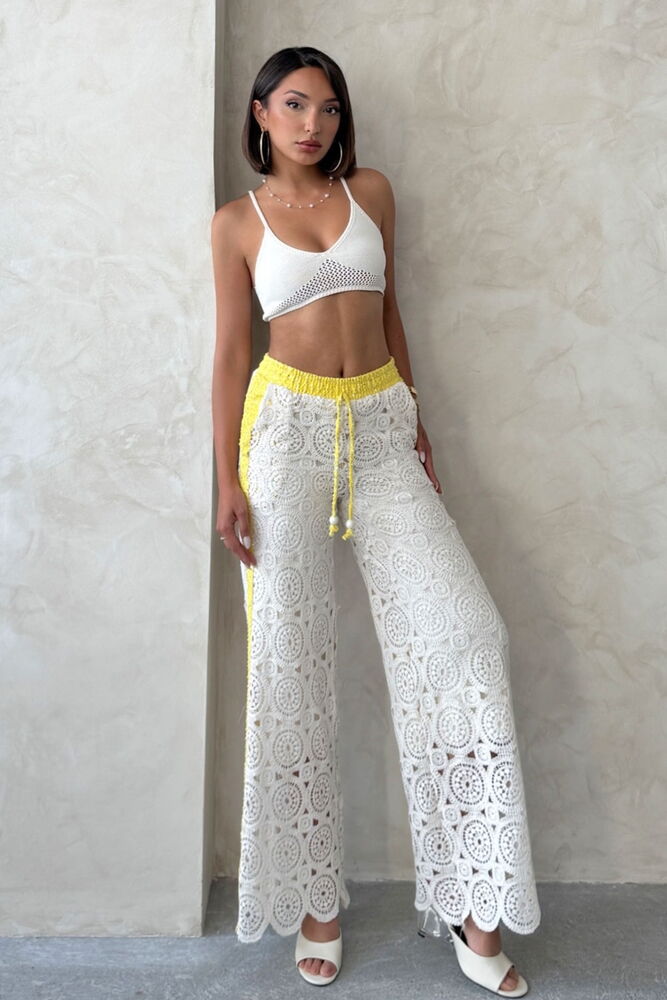 Kot Detaylı Dantel Pantolon - SARI