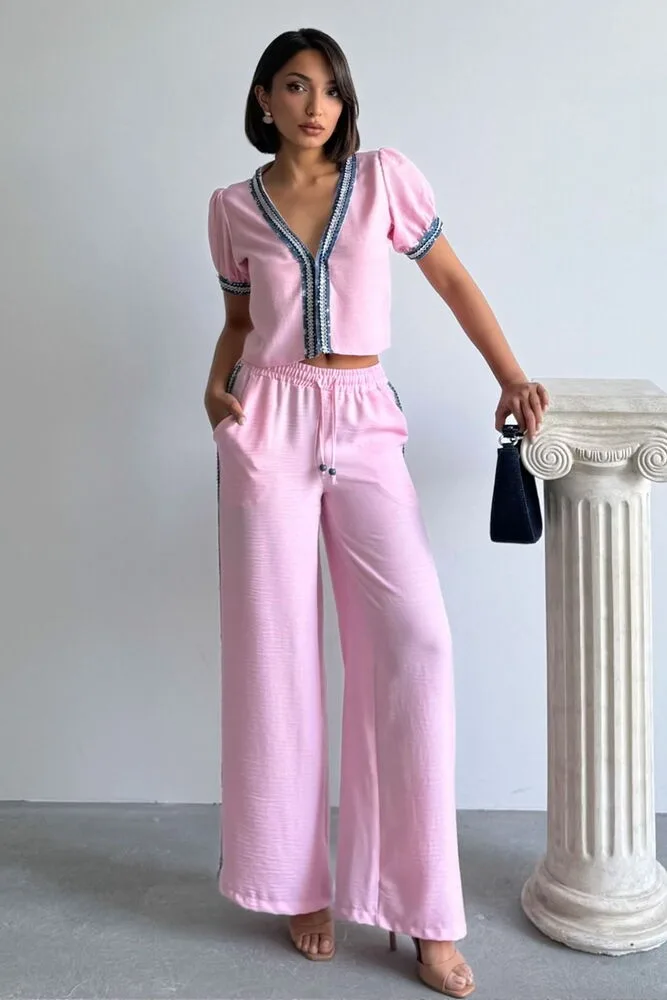 Kot Şeritli Toptan Pantolon Pembe - PEMBE – Pembe, S