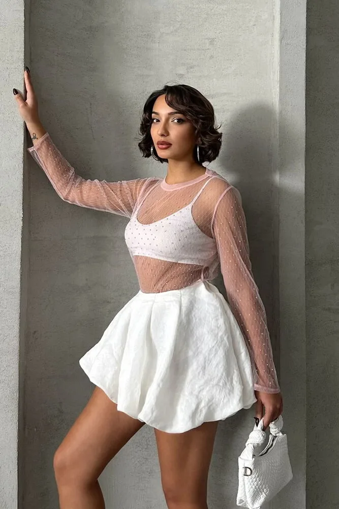 Puantiyeli Tül Toptan Bluz - PEMBE – Pembe, S