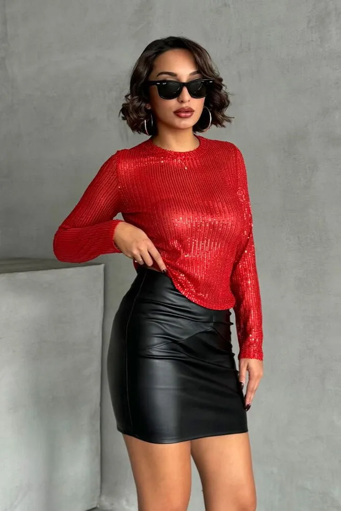 Pullu Toptan Bluz - KIRMIZI – Kırmızı, S