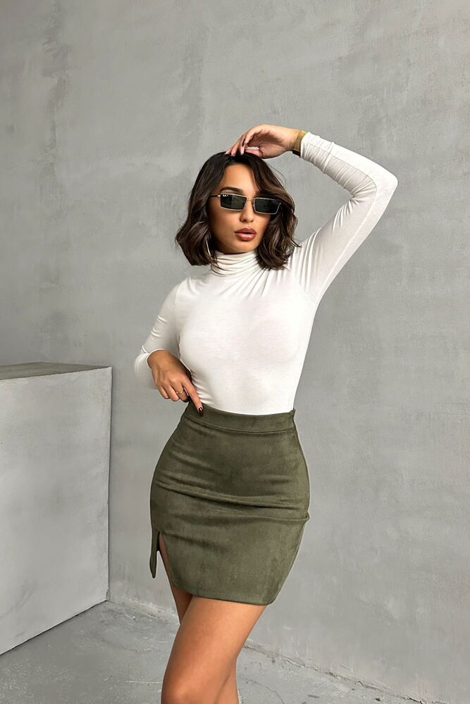 Süet Toptan Mini Etek - HAKİ