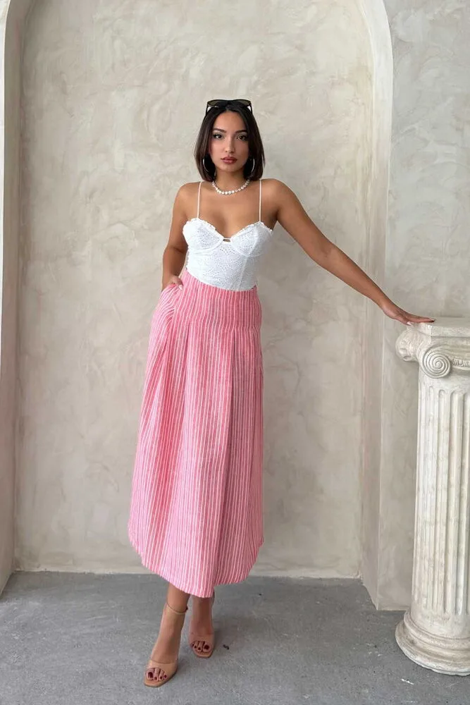 Çizgili Keten Etek - PEMBE – Pembe, S