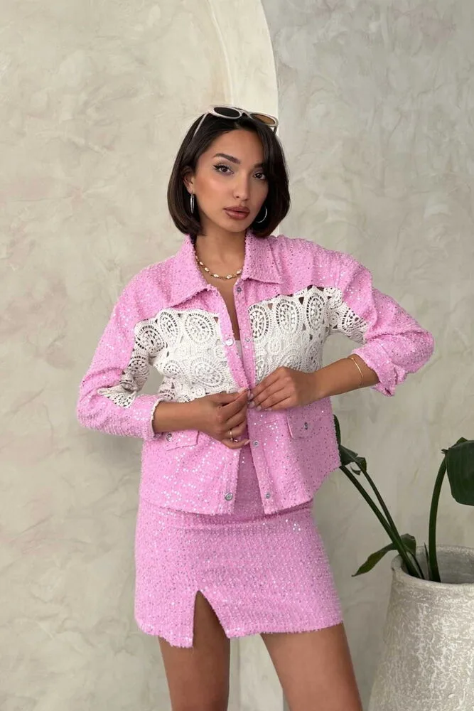 Dantel Detatlı Kot Ceket - PEMBE – Pembe, S