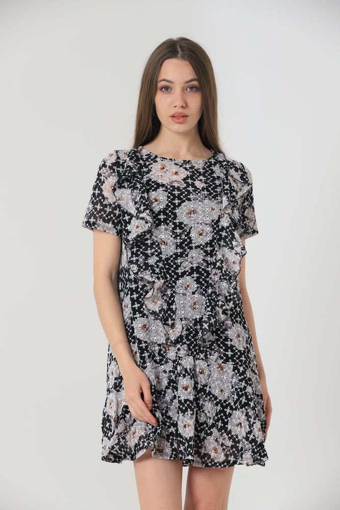 Topshow Siyah Çiçek Desen Toptan Elbise - SİYAH – Siyah, S
