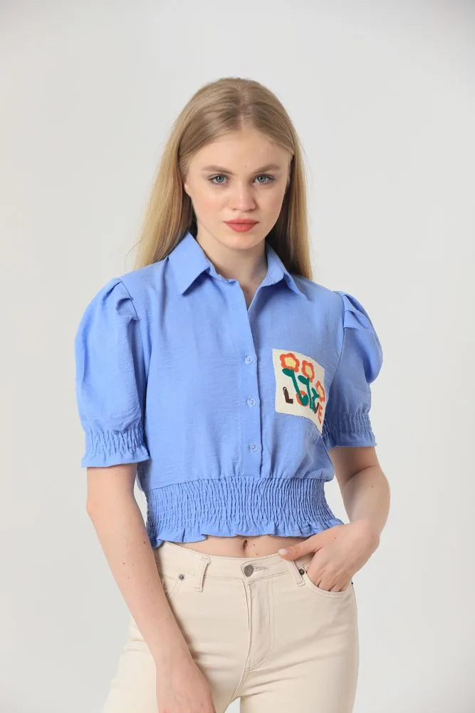 Topshow Mavi Çep Nakışlı Toptan Gömlek - MAVİ – Mavi, S