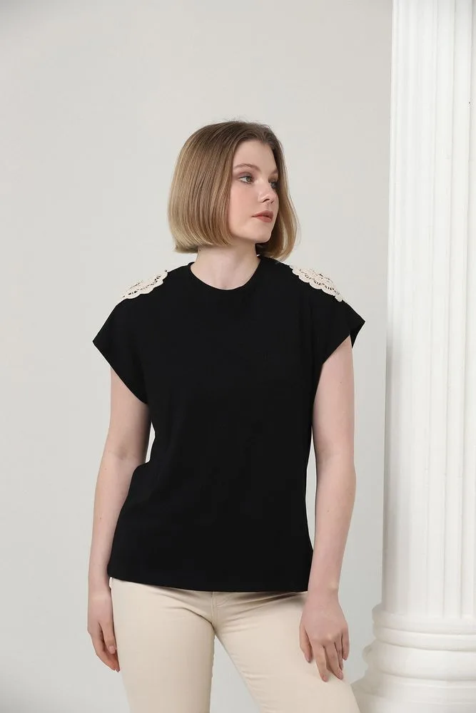 Topshow Siyah Omuzu Dantelli Toptan T - SİYAH – Siyah, S