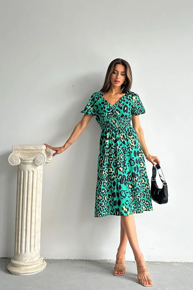 Topshow Zümrüt Leopar Desenli Uzun Toptan Elbise - ZÜMRÜT LEOPAR – Zümrüt Leopar, S