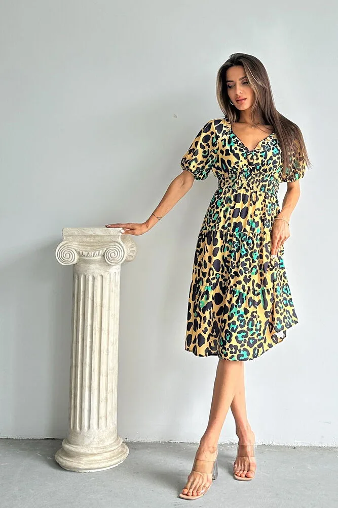 Topshow Leopar Zümrüt Desenli Uzun Toptan Elbise - LEOPAR ZÜMRÜT – Leopar Zümrüt, S