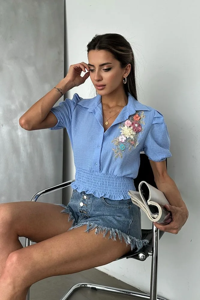 Topshow Mavi Göğsü Çiçekli Keten Toptan Gömlek - MAVİ – Mavi, S