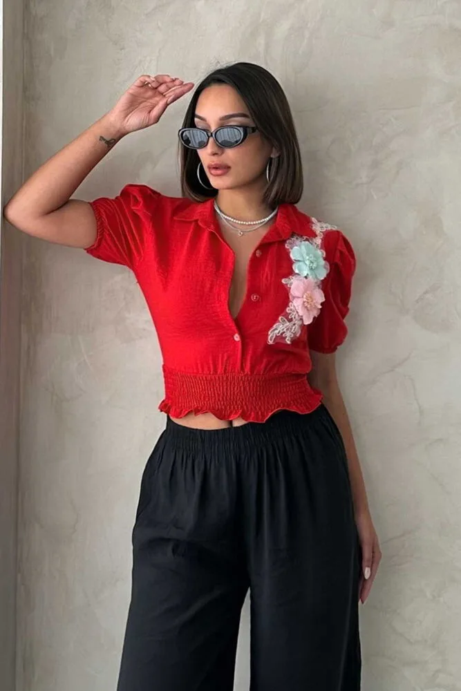 Topshow Kırmızı Göğsü Çiçekli Keten Toptan Gömlek - KIRMIZI – Kırmızı, S
