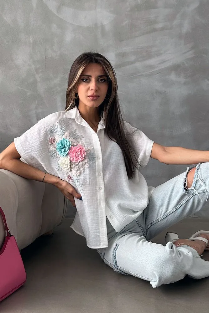 Topshow Krem Çiçek Detaylı Toptan Gömlek - KREM – Krem, S