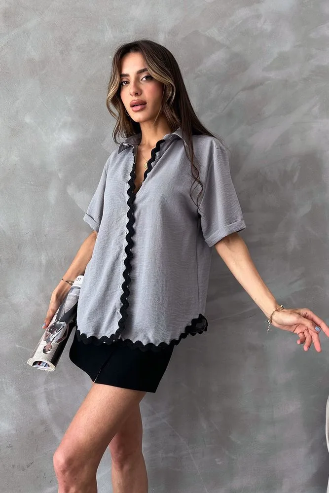 Topshow Gri Sutaşı Detaylı Toptan Gömlek - GRİ – Gri, S