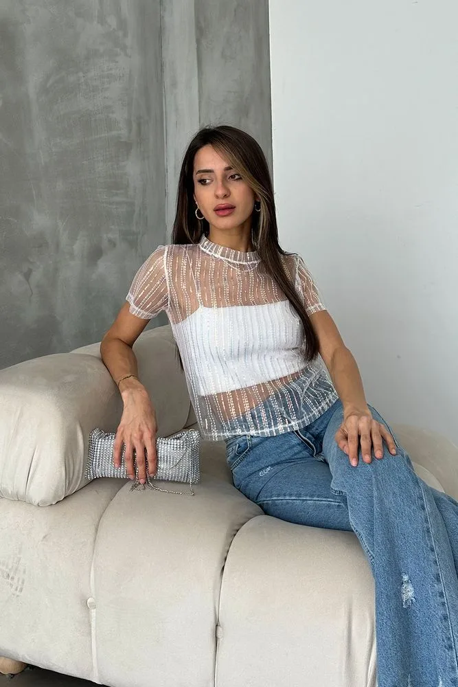 Topshow Krem Pullu Tül Toptan Tişört - KREM – Krem, S