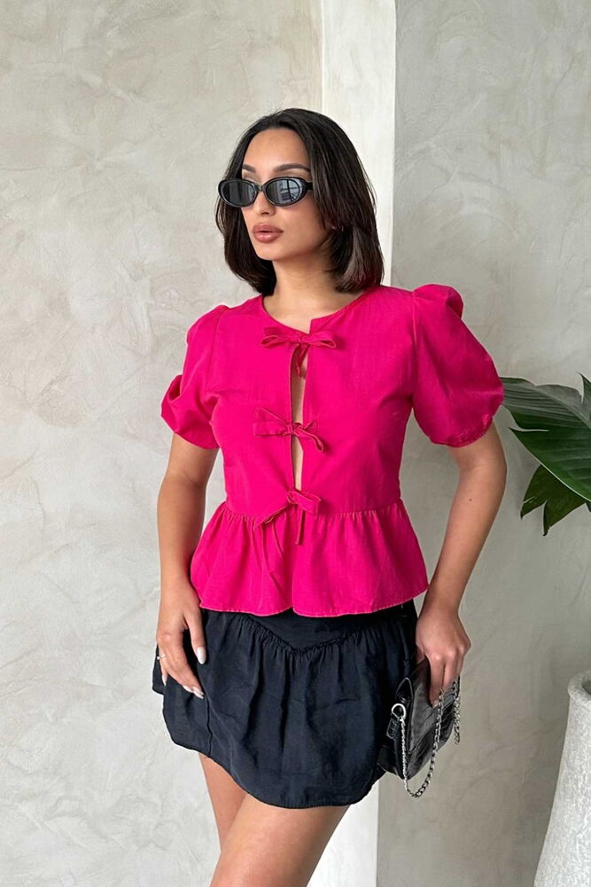 Topshow Fuşya Önden Bağlamalı Poplin Toptan Bluz - FUŞYA