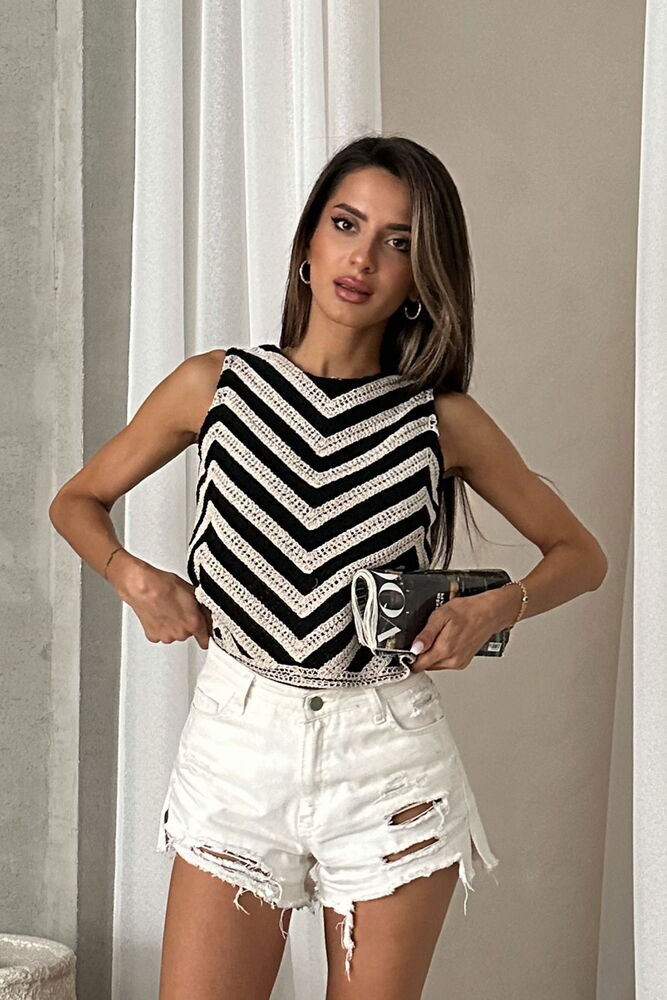 Topshow Ham Siyah Kolsuz Zebra Desen Tiğişi Toptan Bluz - HAM SİYAH