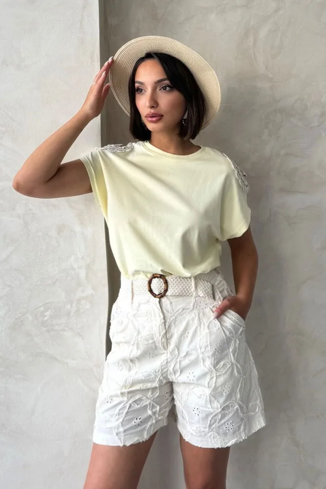 Omuzu Dantelli t - Shirt - Sarı - SARI – Sarı, S