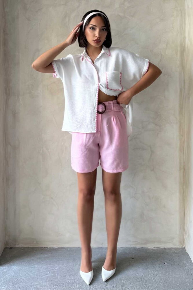 Kemerli Şort - Pembe - PEMBE
