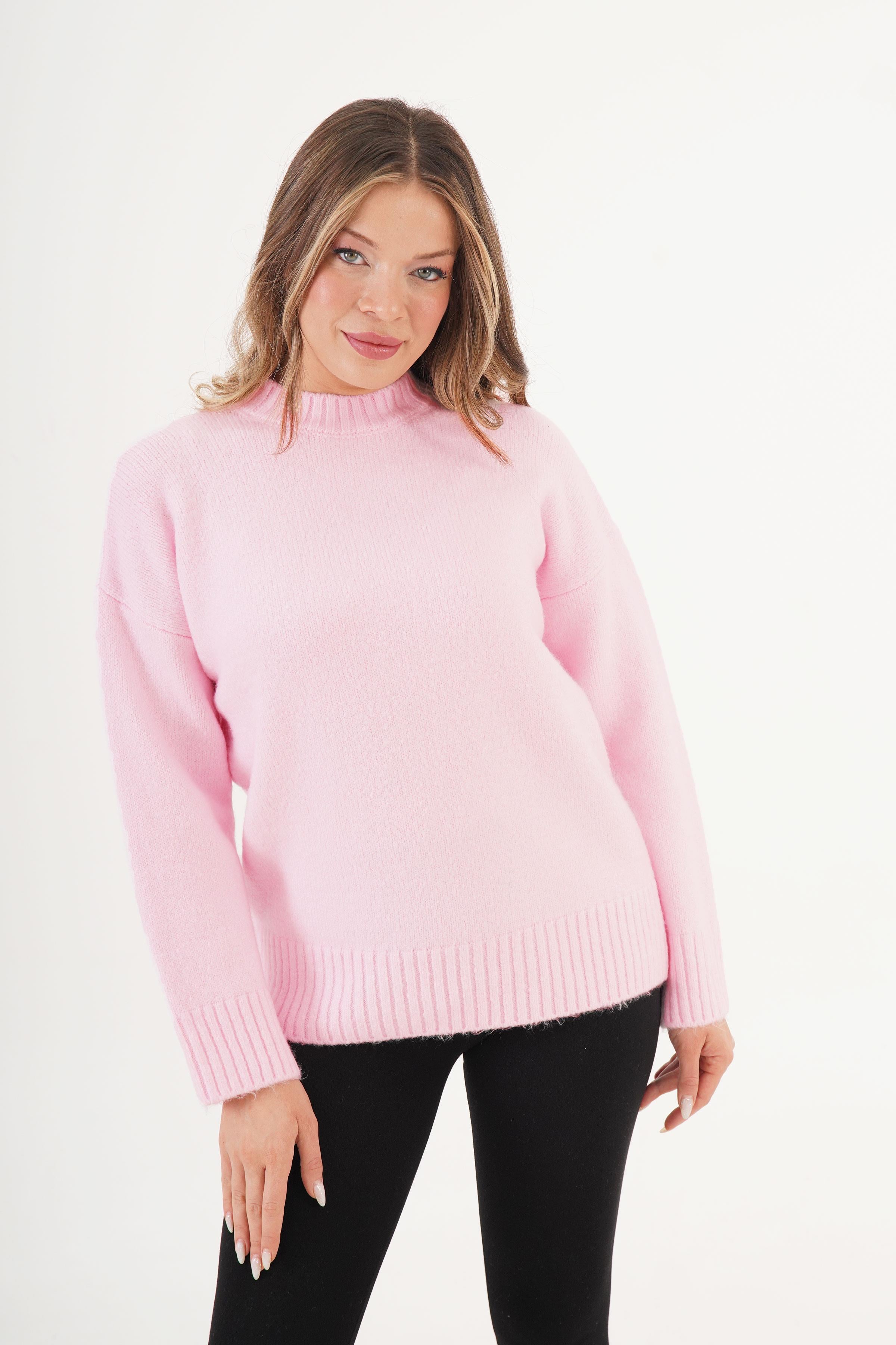 Ribana Detaylı Basic Toptan Pembe Kazak - Pembe
