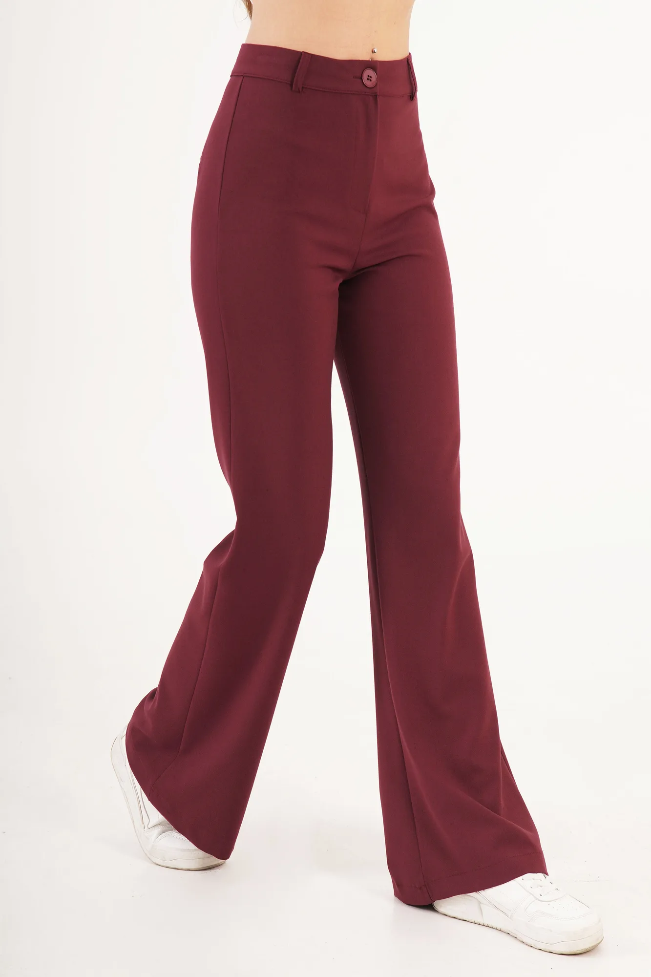 Yüksek Bel Tek Düğme Bordo Pantolon - Bordo – Bordo, S