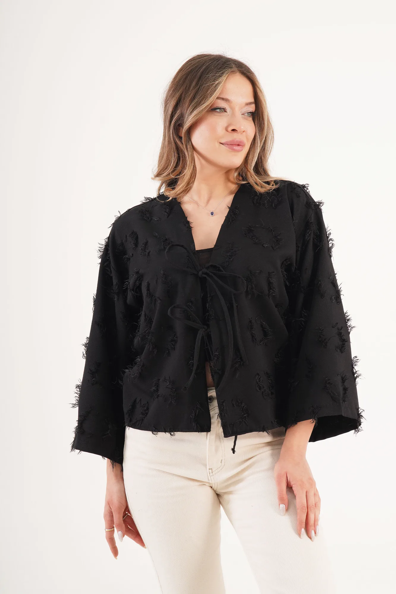 Saçaklı İp Bağlamalı Toptan Siyah Kimono - Siyah – Siyah, S