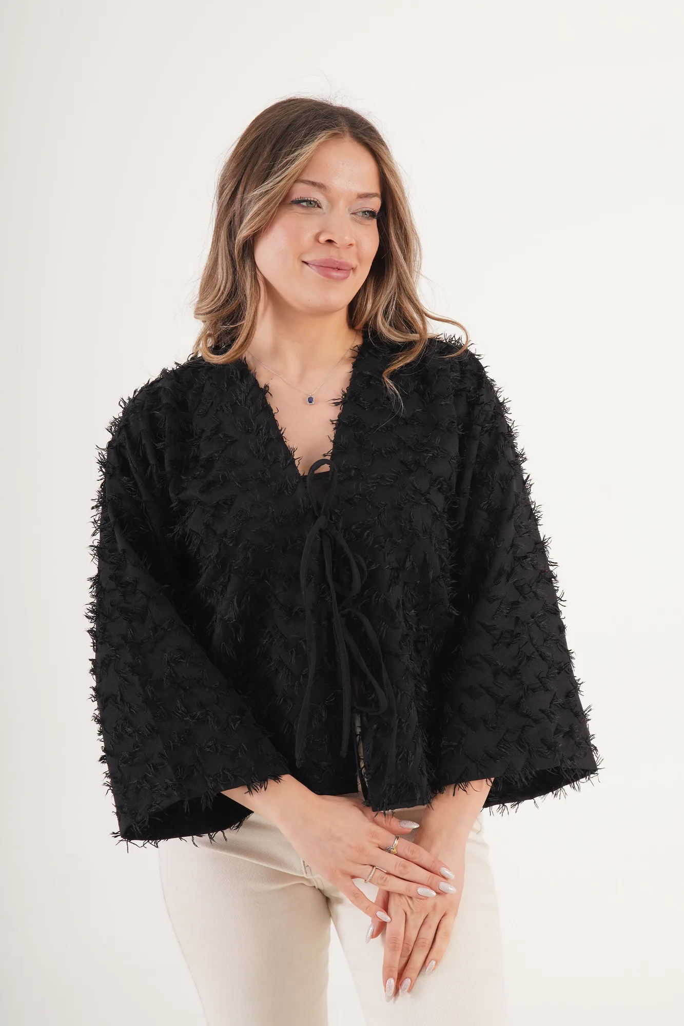 Full Saçaklı İp Bağlamalı Toptan Siyah Kimono - Siyah – Siyah, S