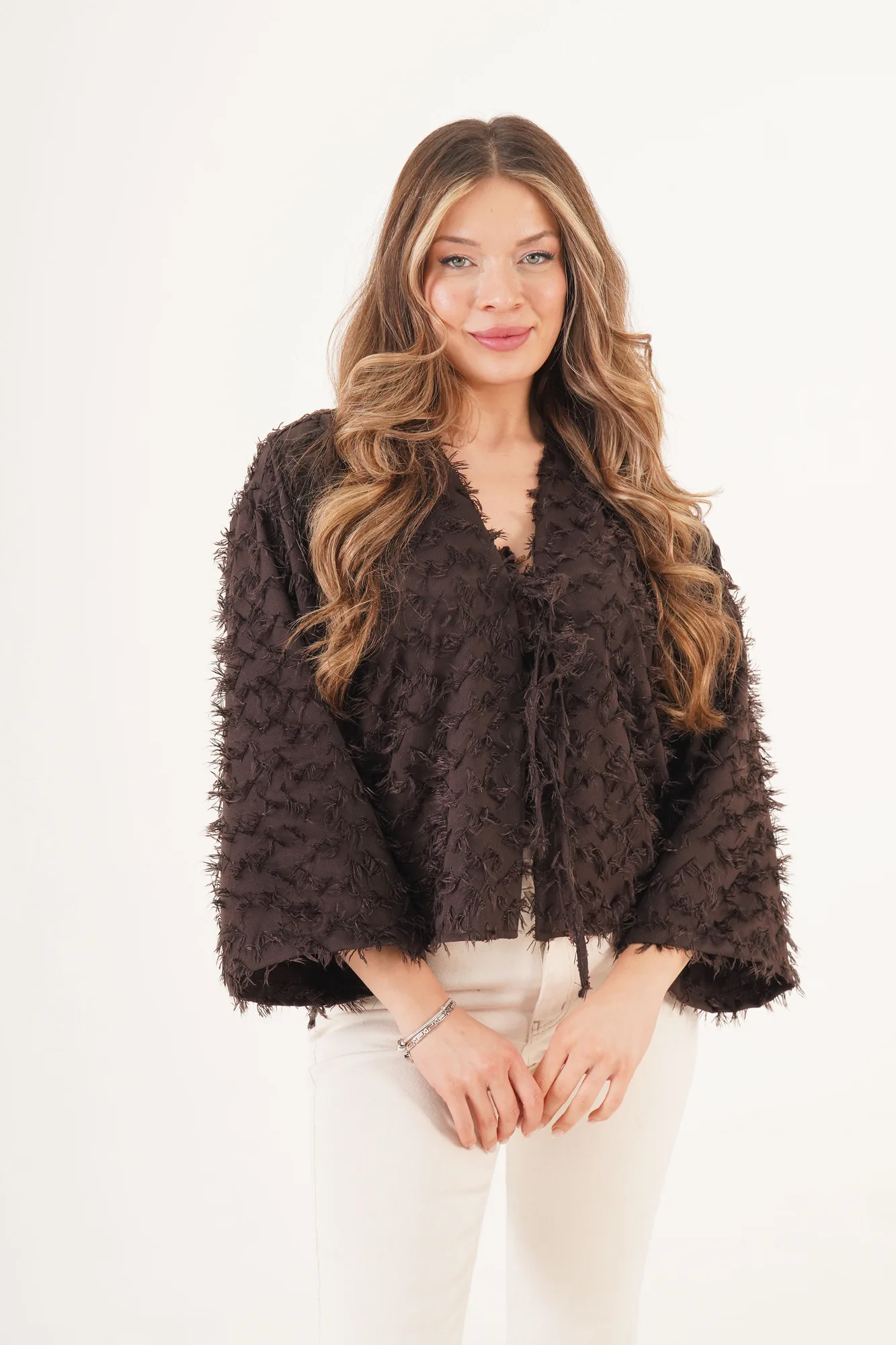 Full Saçaklı İp Bağlamalı Toptan Kahve Kimono - Kahverengi – Kahve, S