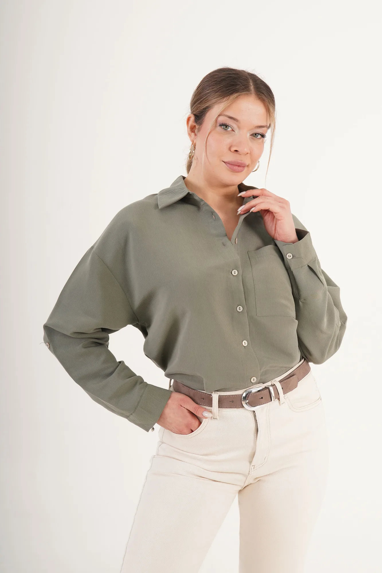 Minimal Soft Çizgili Haki Toptan Gömlek - Haki – Haki, S