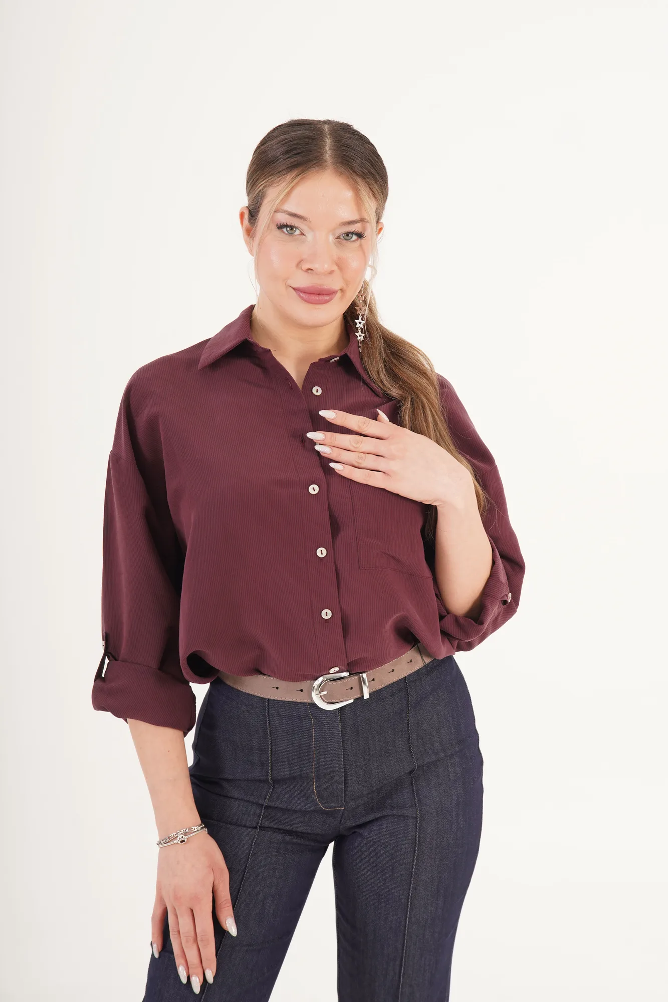 Minimal Soft Çizgili Bordo Toptan Gömlek - Bordo – Bordo, S