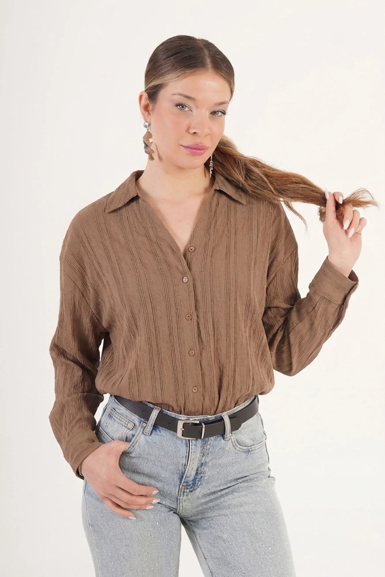 V Yaka Drapeli Camel Toptan Gömlek - Camel – Camel, S